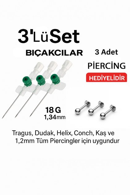 Kanül İntraket YEŞİL 3 adet Kulak delim iğnesi 3 adet 316L piercing 1,2x12 mm