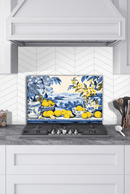 Glass Stove Back Protector with Blue Flowers and Lemons, Kitchen Built-In Protection, with Tempered and Rodage