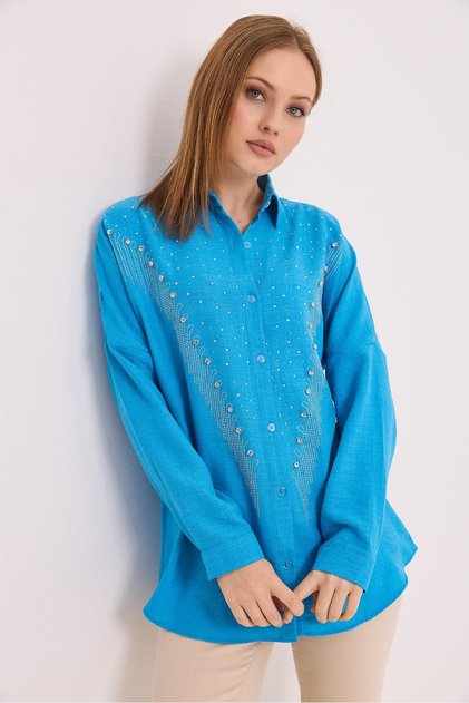 Stone Embroidered Comfortable Fit Linen Shirt Blue