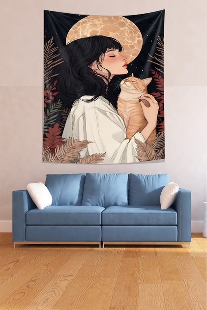 Cat in a Girl's Arms Animal Love Stain Resistant Fabric Wall Cover Wall Tapestry Tapestry