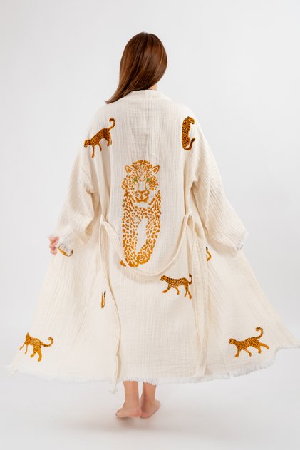 Muslin Kimono 100% Cotton Leopard Printed Patterned Bathrobe Kaftan Dressing Gown