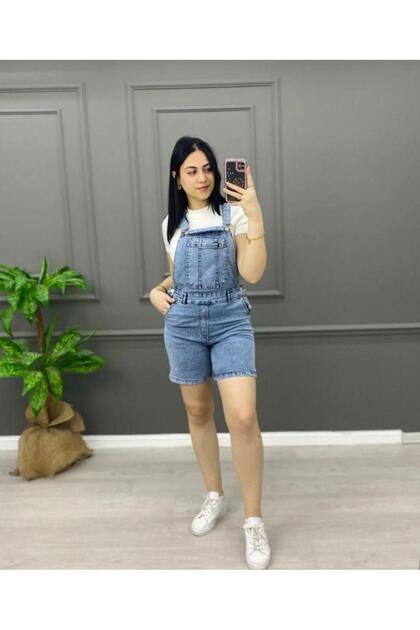 Women's Light Blue Snow Salopet Shorts Denim Overalls Lycra Gardener