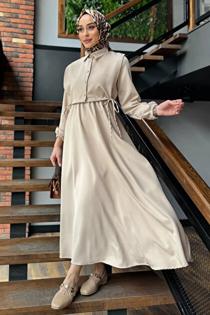 Julude Beige Side Tie Blouse Combination Hijab Dress- Trendyol