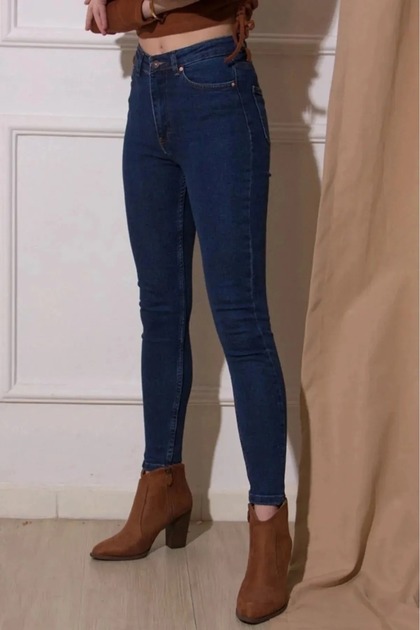 Koyu Mavi Dar Paça Süper Skinny Kadın Yüksek Bel Power Likra Kot Pantolon
