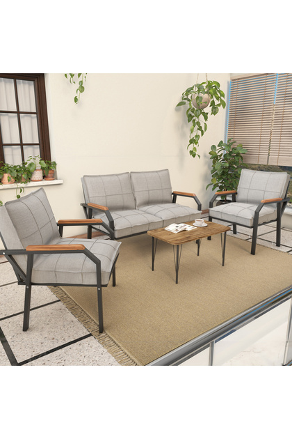Hayal Balkon, Bahçe, Cafe, Metal Kanepe Koltuk Takımı , Bahçe Mobilyası, 211 Sehpalı - Açık Gri