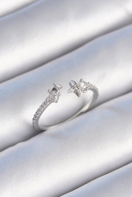 Brass Silver Color Zircon Stone Detail Star Model Women's Ring
