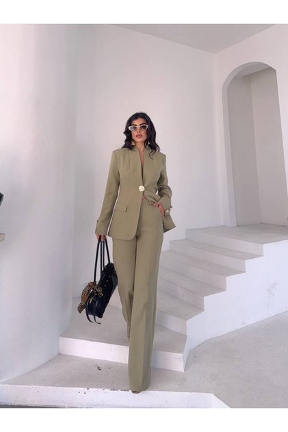 Kadın Blazer Ceket Pantolon Takım Tek Düğmeli Haki