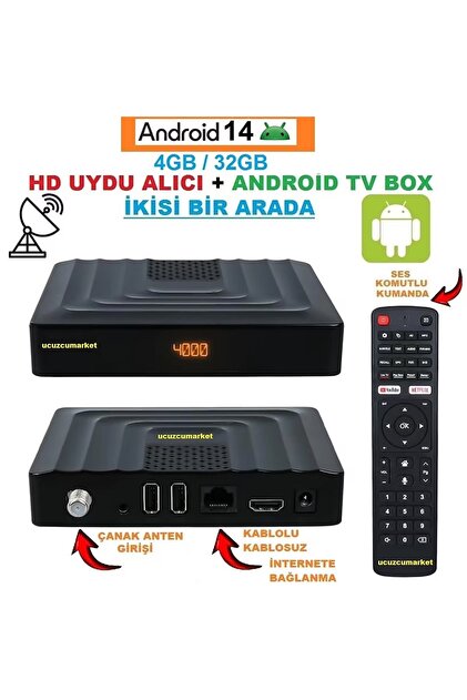 Uygun ANDROİD 14 4GB/32GB TV BOX + HD UYDU ALICI (İKİSİ BİR ARADA