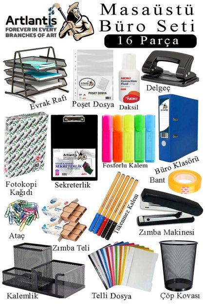 Desktop Bureau Set 16 Pieces Black Metal Paperwork Rack Pen Holder 3-Stapler Machine Delegator Dustbin a