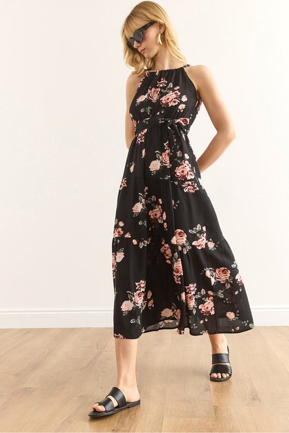 Women's Black Rose Halter Neck Belted Woven Viscon Dress Elb-19001548