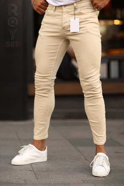 Men's Cream Jeans Skinny Leg Men's Cream Skinny Fit Jeans