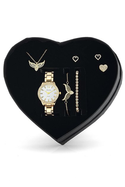 Women's Wristwatch Gold Color Angel Wing Necklace Earrings Bracelet Ring Gift Set - Ps1163