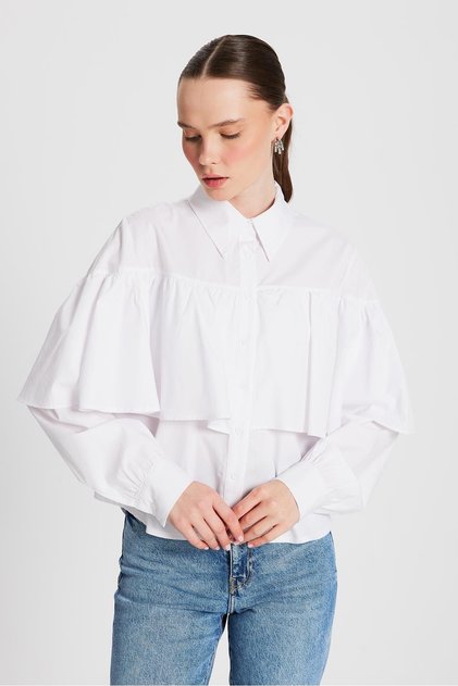 Women's White Ruffled Cotton Fabric Wide Cut Shirt 29136