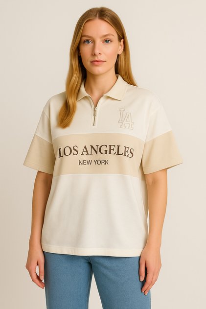 Unisex Beige Los Angeles Printed Oversize Polo Collar Zippered T-Shirt