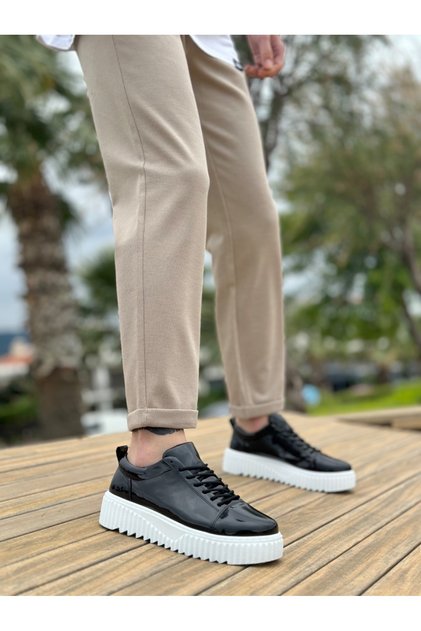 Lace-Up Men's Shoes Black Patent Leather (White Sole)