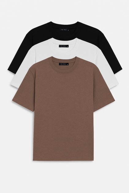 Unisex 3 Pack Black-White-Brown Oversize 100% Cotton Loose Wide Cut Crew Neck Basic T-Shirt