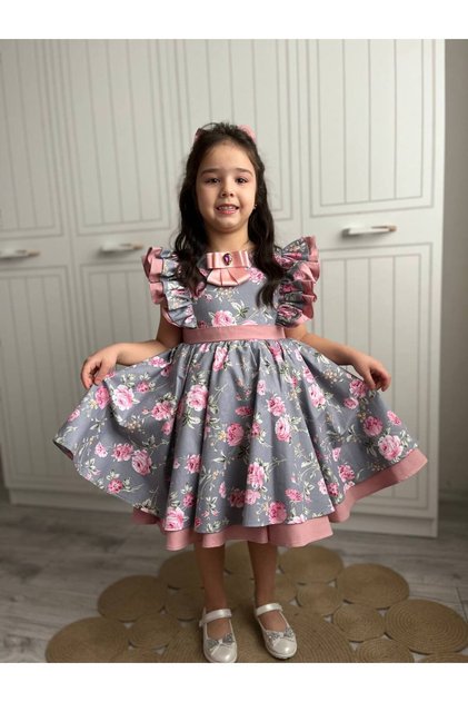 Pink Rose Printed Special Design Gray Cotton Fabric Children's Ceremony Dress