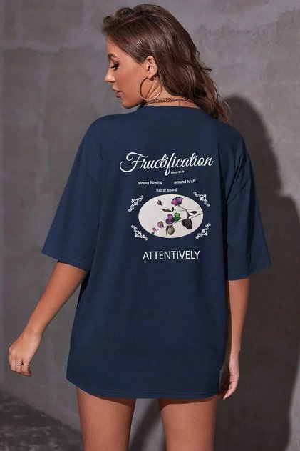 Unisex Fructification Printed Relaxed Cut Navy Blue T-Shirt