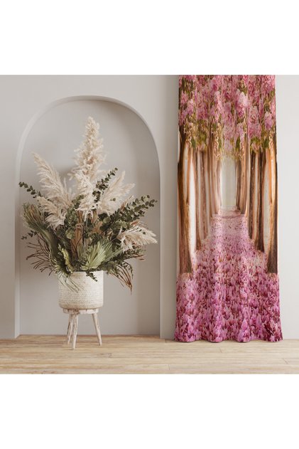 Pink Flower Tree Path Patterned Background Curtain – Romantic and Aesthetic Touch 140X260 cm Single Wing