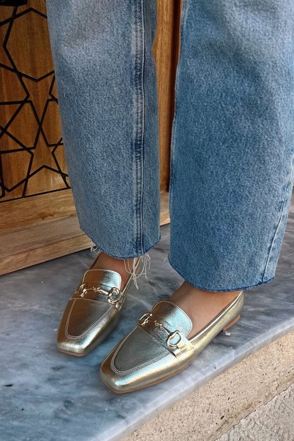 Manifest Blunt Toe Flat Sole Buckle Gold Gold Loafer Flats Comfortable Women's Daily Shoes