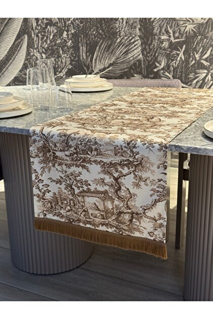 Rustik Köylü Kadın Dekoratif Baskılı Saçaklı Runner 1 Adet 40x140cm (SKSCR-12)