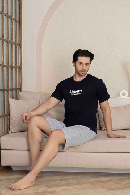 Men's Navy Blue Short Sleeve Shorts Combed Cotton Pajama Set