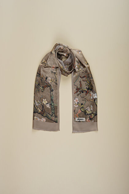 100% Silk Shawl Scarf(27X135 cm)-Vincent Van Gogh (Almond Tree Poppy)