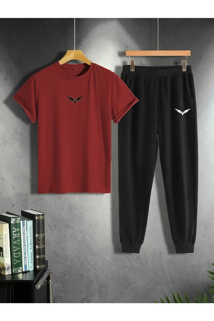 Beige T-shirt Black Sweatpants Jogger- Printed Bottom Top Tracksuit Set Oversize Crew Neck