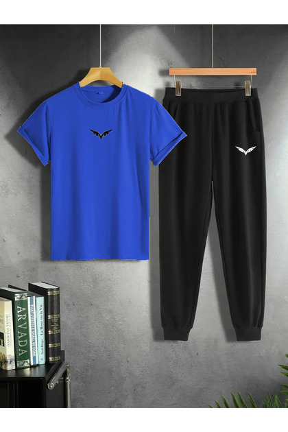 Tricou Bej Pantaloni de sport negri Jogger- Imprimat Partea de jos Top Trening Set Oversize Crew Deck