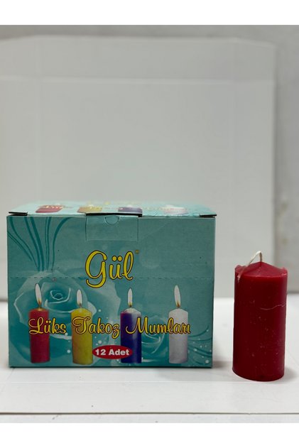 GÜL MUM KIRMIZI 12 Lİ TAKOZ MUM BAR MUM KÜTÜK MUM 6 SAAT YANMA SÜRESİ ÇAP 3 BOY 8 CM