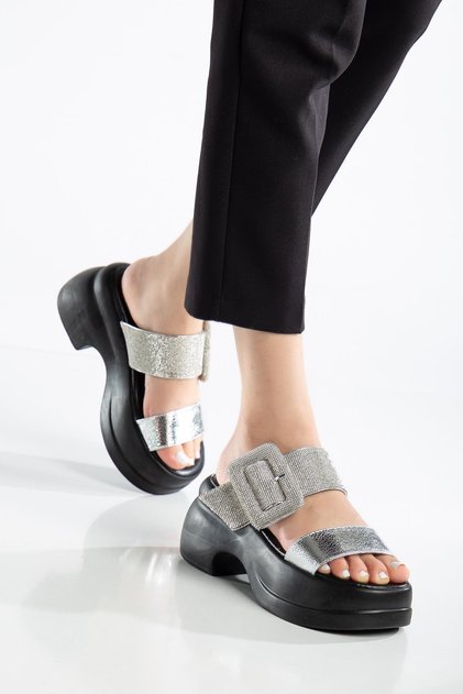 Women's Wedge Heeled Slippers Silver 2 Band Square Stone Buckle