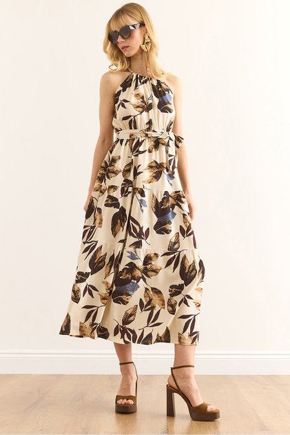 Women's Palm Brown Halter Neck Belted Woven Viscon Dress Elb-19001548