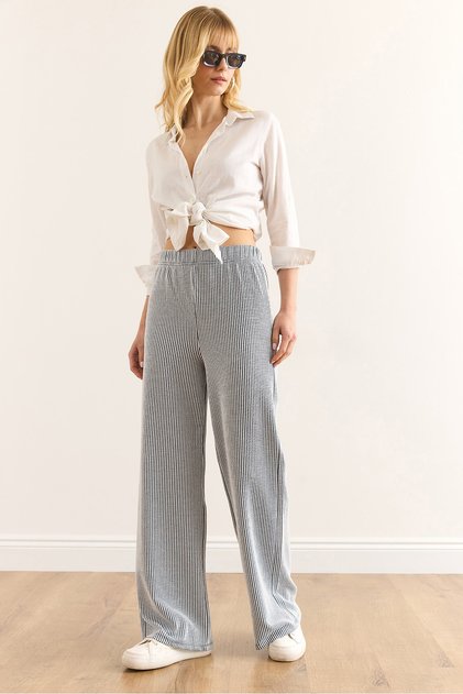 Women's Navy Blue Elastic Waist Flowing Twist Pants Pnt-19000334