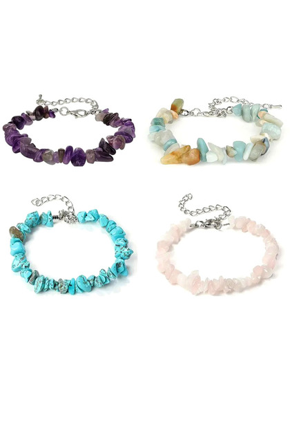 Set of 4 Bracelets Amethyst, Amazonite, Turquoise, Pink Quartz