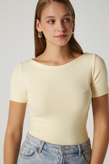Women's Velvet Boat Neck Lux Touch Soft Texture Short Sleeve Butter Yellow Blouse