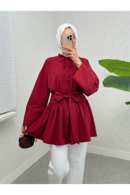 Half-Buttoned, Tie-Waist, Side-Zip Tunic - Burgundy