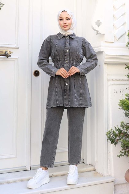Shirred Waist Denim Suit Gray 4079