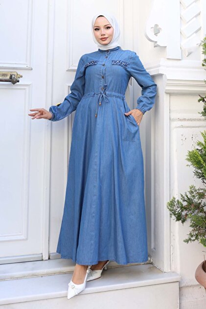 benguen Denim Dress with Stone Detailed Pockets Navy Blue 6768