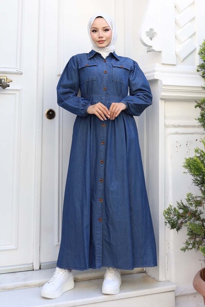Button Detailed Denim Dress Navy Blue 6776