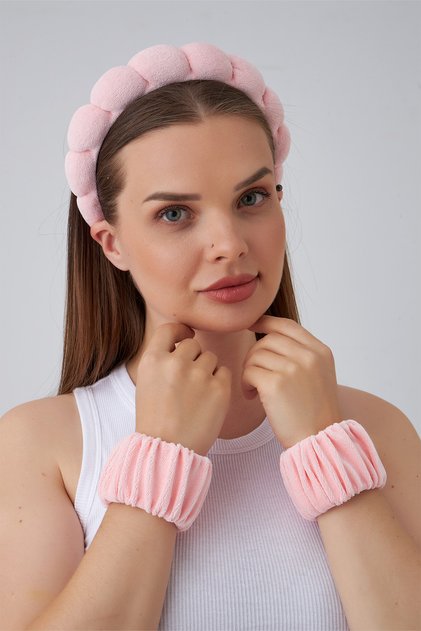 Powder Pink Towel Fabric Twisted Curved Spa and Makeup Women's Crown and 2 Bracelet Set