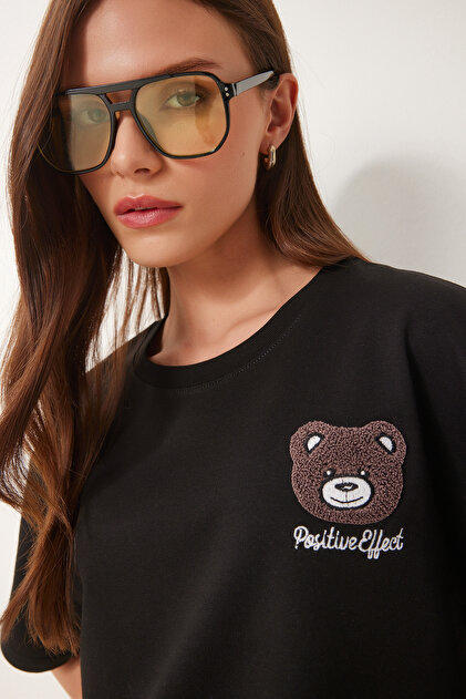 coppi☺︎　0922 Happiness İstanbul Kadın Siyah Ayıcık Armalı Crop Örme T-Shirt