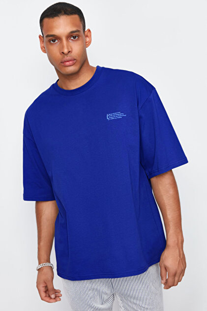 Trendyolmilla Man Saks Oversize %100 Pamuklu Bisiklet Yaka Minimal