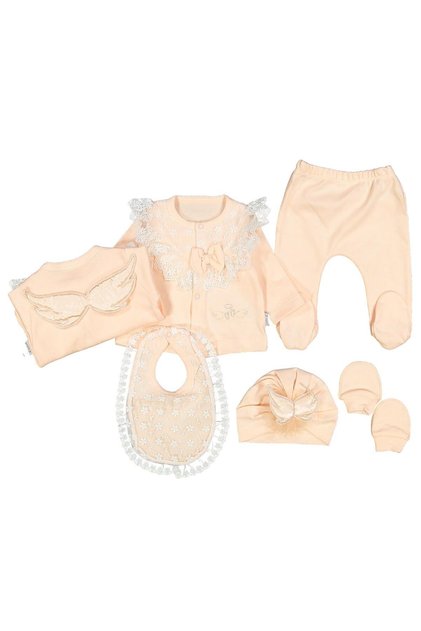 Salmon Lace Angel Wings 5 Piece Hospital Discharge Set for Baby Girl