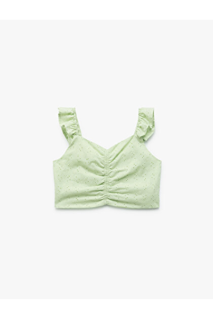 Cotton V-Neck Gather Detailed Embroidered Ruffled Sleeveless Crop Blouse