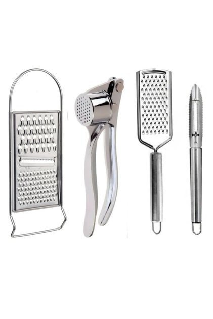 4-Piece Kitchen Utensil Set; Luxury Hand Grater + Garlic Masher + Cheddar Grater + Peeler