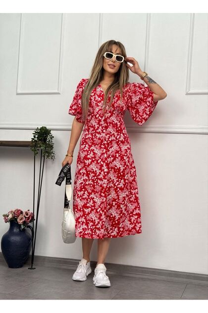 Women's V Neck Button Summer Woven Midi Dress 4C-2325