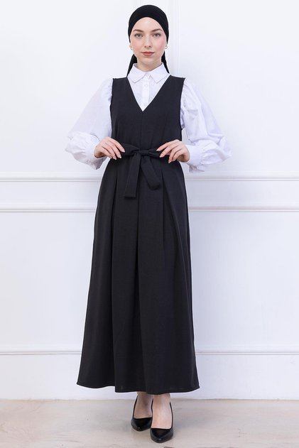 Belted Pleated Knitted Gilet Dress Black Hm2736