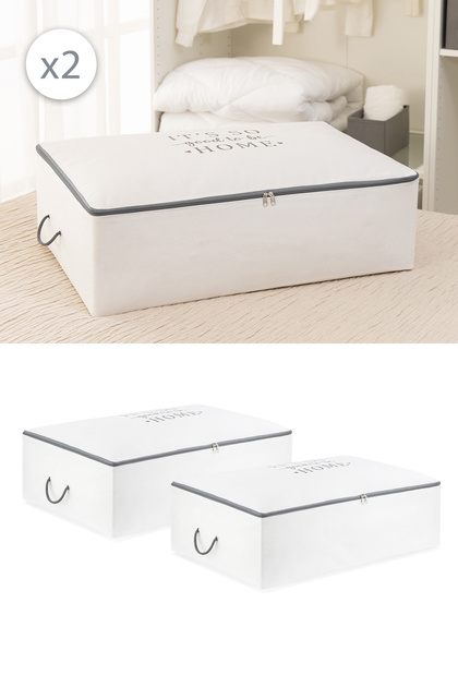 Set of 2 White Gray Printed Mega Size Base under Bed Cabinet Pillow Quilt Sweater Clothes Bag