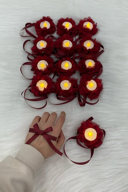 Bordo Ledli Kına El Mumu, Tealight Mum Pilli 6 Adet, Sünnet, Led Işıklı, Düğün, Nedime, Bride