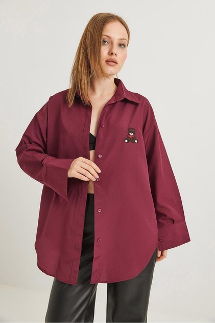 Teddy Bear Embroidered Oversize Basic Shirt Claret Red